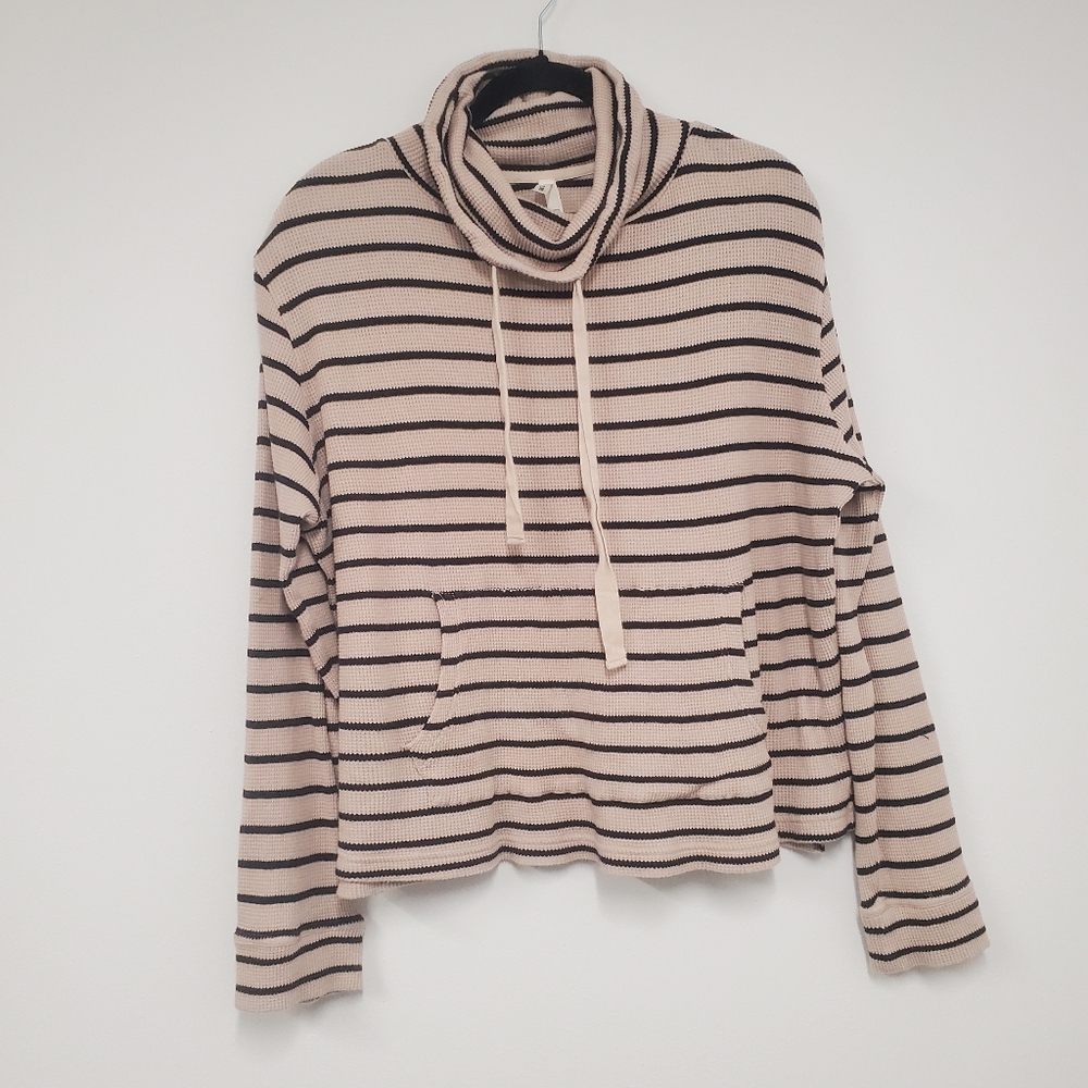 Pact Organic Waffle Knit Turtleneck Top L Tan Black Stripe Pocket Casual Minimal